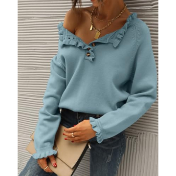 BTFBM Women’s Soft Ruffle Sweater for Fall and Winter Styles