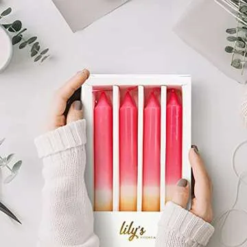 Lily's Essentials Tall Pink Taper Candles 4 Piece, Orange Colored Candles, Gradient, 10.6 inches Tall tie-dye Candle Set Large, Coral candlesticks, Multi Colored Shaped Tapered Candles