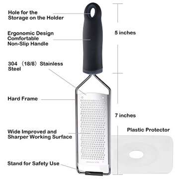 Stainless Steel Cheese Grater, Ergonomic Soft Handle Lemon Ginger Potato Zester with Plastic Cover