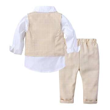 Baby Boys 3Pcs Gentleman Suit Kids Formal Outfits Set Bowtie Long Sleeve Shirt+ Tuxedo Vest+ Pants Beige