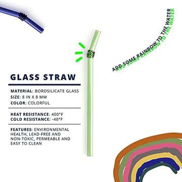 8 Pack EMPO Glass Straws Colored - 8" x 8mm Perfect Reusable Straw - Smoothies, Tea, Juice, Water, Essential Oils Gift with 2 Cleaning Brush MultiColor