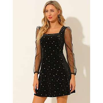 Allegra K Women's Halloween Mesh Sheer Sleeve Sparkly Party Glitter Star Metallic Velvet Dress Small Black