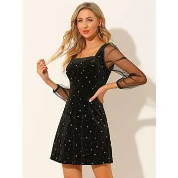 Allegra K Women's Halloween Mesh Sheer Sleeve Sparkly Party Glitter Star Metallic Velvet Dress Small Black