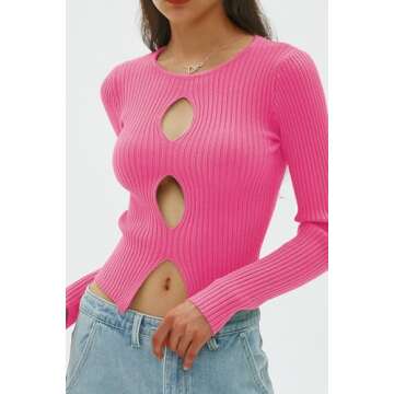 CHYRII Womens Sexy Fall Fashion Cutout Tops Ribbed Knit Winter Pullover Sweater Going Out Crop Tops Hot Pink S