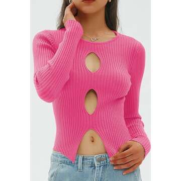 CHYRII Womens Sexy Fall Fashion Cutout Tops Ribbed Knit Winter Pullover Sweater Going Out Crop Tops Hot Pink S
