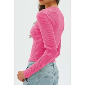 CHYRII Womens Sexy Fall Fashion Cutout Tops Ribbed Knit Winter Pullover Sweater Going Out Crop Tops Hot Pink S