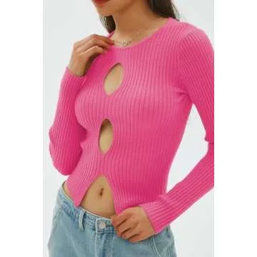 CHYRII Womens Sexy Fall Fashion Cutout Tops Ribbed Knit Winter Pullover Sweater Going Out Crop Tops Hot Pink S
