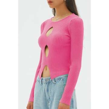 CHYRII Womens Sexy Fall Fashion Cutout Tops Ribbed Knit Winter Pullover Sweater Going Out Crop Tops Hot Pink S