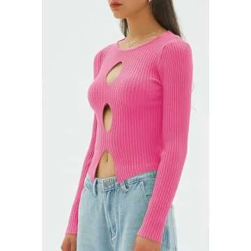 CHYRII Womens Sexy Fall Fashion Cutout Tops Ribbed Knit Winter Pullover Sweater Going Out Crop Tops Hot Pink S