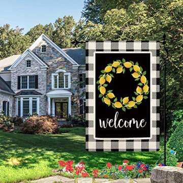 COSKAKA Home Decorative Lemon Welcome Home Sweet Home Garden Flag Buffalo Plaid Check House Yard Outdoor Flag Black and White Burlap Spring Summer Outside Farmhouse Holiday Flag 12.5 x 18