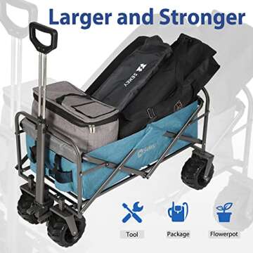 Sekey Heavy Duty Foldable Wagon with 330lbs Weight Capacity, Collapsible Folding Utility Garden Cart with Big All-Terrain Beach Wheels & Drink Holders.Light Blue