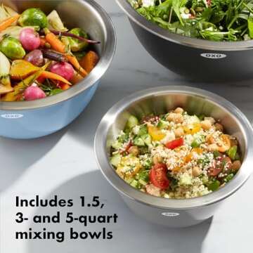 OXO Good Grips 3-Piece Stainless Steel Mixing Bowl Set - Blue/Gray, 4.7L, Multi Size