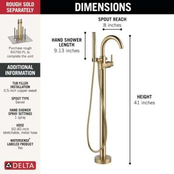 Delta Faucet Trinsic Floor-Mount Freestanding Tub Filler with Hand Held Shower, Champagne Bronze T4759-CZFL (Valve Not Included)