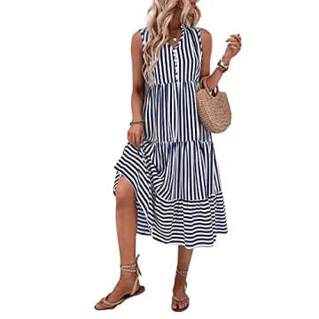Floerns Striped Notched Neck Sleeveless Midi Dress for Women