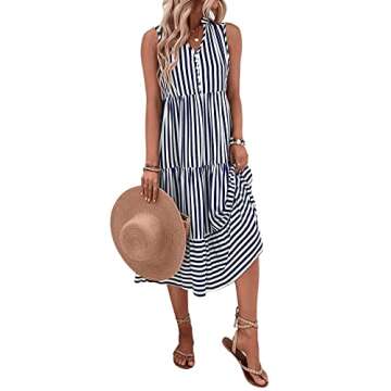 Floerns Striped Notched Neck Sleeveless Midi Dress for Women