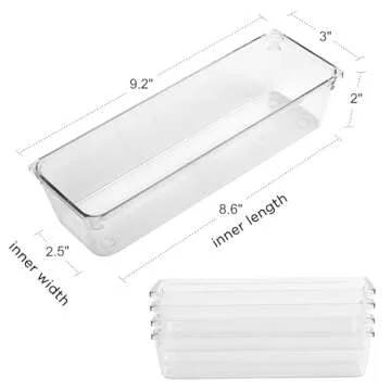 LotFancy 8 Pack Clear Plastic Drawer Organizers, Food Grade Storage Trays, Non-Slip Storage Bins for...