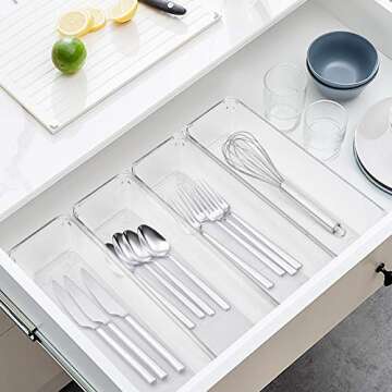 LotFancy 8 Pack Clear Plastic Drawer Organizers, Food Grade Storage Trays, Non-Slip Storage Bins for Kitchen Utensil, Silverware Cutlery, Bathroom, Office Desk, Makeup, Jewelry, 9.2''×3''×2''