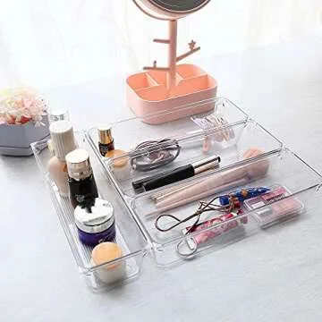 LotFancy 8 Pack Clear Plastic Drawer Organizers, Food Grade Storage Trays, Non-Slip Storage Bins for Kitchen Utensil, Silverware Cutlery, Bathroom, Office Desk, Makeup, Jewelry, 9.2''×3''×2''