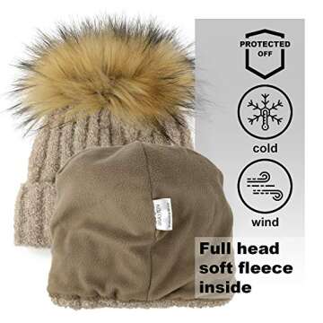 Braxton Women Pom Pom Beanie - Winter Warm Faux Fur Pom-pom Skull Hat - Wool Snow Fleece Ski Cap (Cappucino)