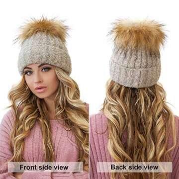 Braxton Women Pom Pom Beanie - Winter Warm Faux Fur Pom-pom Skull Hat - Wool Snow Fleece Ski Cap (Cappucino)
