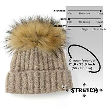 Braxton Women Pom Pom Beanie - Winter Warm Faux Fur Pom-pom Skull Hat - Wool Snow Fleece Ski Cap (Cappucino)