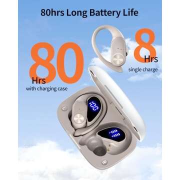 PocBuds Bluetooth Headphones Wireless Earbuds 80hrs Playtime Wireless Charging Case Digital Display Sport Ear buds with Earhook Deep Bass IPX7 Waterproof Over-Ear Earphones for Phone Laptop Pearl Gray
