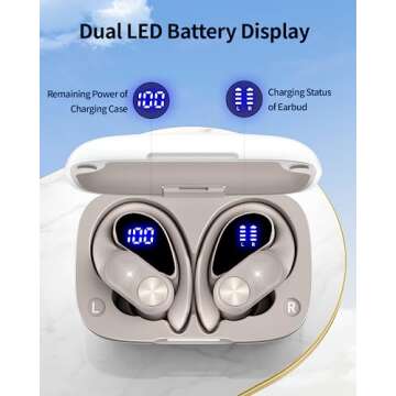 PocBuds Bluetooth Headphones Wireless Earbuds 80hrs Playtime Wireless Charging Case Digital Display Sport Ear buds with Earhook Deep Bass IPX7 Waterproof Over-Ear Earphones for Phone Laptop Pearl Gray