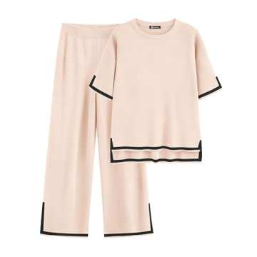 PRETTYGARDEN Women's Summer 2 Piece Outfits Casual Short Sleeve Knit Sweater Tops Wide Leg Pants Lou...