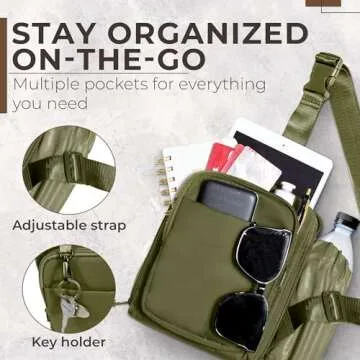 BUNSO Everyday Sling Bag for Women and Men, Water-Resistant Nylon Sling Bag for Men, 7” x 2.5” x 9” Small Crossbody Bag with Waterbottle Holder, Olive Green