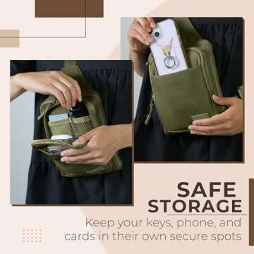 BUNSO Everyday Sling Bag for Women and Men, Water-Resistant Nylon Sling Bag for Men, 7” x 2.5” x 9” Small Crossbody Bag with Waterbottle Holder, Olive Green