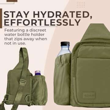 BUNSO Everyday Sling Bag for Women and Men, Water-Resistant Nylon Sling Bag for Men, 7” x 2.5” x 9” Small Crossbody Bag with Waterbottle Holder, Olive Green