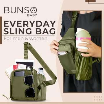 BUNSO Everyday Sling Bag for Women and Men, Water-Resistant Nylon Sling Bag for Men, 7” x 2.5” x 9” Small Crossbody Bag with Waterbottle Holder, Olive Green