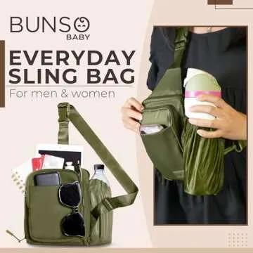 BUNSO Everyday Sling Bag for Women and Men, Water-Resistant Nylon Sling Bag for Men, 7” x 2.5” x 9” Small Crossbody Bag with Waterbottle Holder, Olive Green