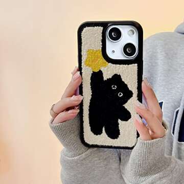 Tewwsdi Compatible with iPhone 13 Case,Cute Black Cat Furry Phone Case,ins Kawaii Kitty Plush Design Warm Fluffy Terry Texture Carpet Soft Protective Cover for iPhone 14/13(Star Cat)