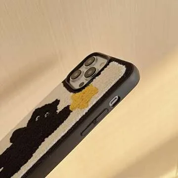 Tewwsdi Compatible with iPhone 13 Case,Cute Black Cat Furry Phone Case,ins Kawaii Kitty Plush Design Warm Fluffy Terry Texture Carpet Soft Protective Cover for iPhone 14/13(Star Cat)