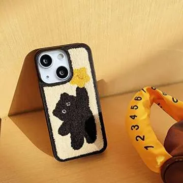 Tewwsdi Compatible with iPhone 13 Case,Cute Black Cat Furry Phone Case,ins Kawaii Kitty Plush Design Warm Fluffy Terry Texture Carpet Soft Protective Cover for iPhone 14/13(Star Cat)