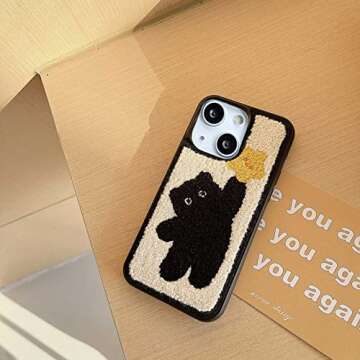 Tewwsdi Compatible with iPhone 13 Case,Cute Black Cat Furry Phone Case,ins Kawaii Kitty Plush Design Warm Fluffy Terry Texture Carpet Soft Protective Cover for iPhone 14/13(Star Cat)
