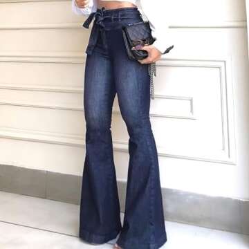 KDF High Waisted Flare Jeans for Women Bell Bottom Jeans with Belt for Women Stretch Wide Leg Jeans
