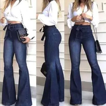 KDF High Waisted Flare Jeans for Women Bell Bottom Jeans with Belt for Women Stretch Wide Leg Jeans