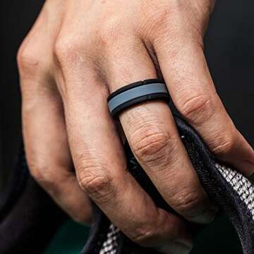 ThunderFit Silicone Wedding Rings for Men, Breathable Patterned Rubber Engagement Bands 8.2mm Wide 2.5mm Thick - 1/4/7 Variety Multipack (Grey-Black, 7.5-8 (18.2mm))