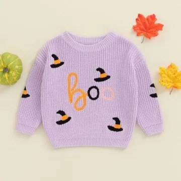 Baby Halloween Sweater Boy Girl Pumpkin Long Sleeve Crewneck Embroidery Knit Sweatshirt Toddler Pullover Tops (Boo Purple, 0-3 Months)