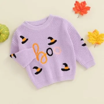 Baby Halloween Sweater Boy Girl Pumpkin Long Sleeve Crewneck Embroidery Knit Sweatshirt Toddler Pullover Tops (Boo Purple, 0-3 Months)
