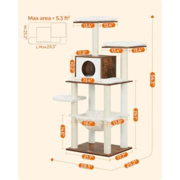 Feandrea Cat Tree, 54.3-Inch Modern Cat Tower for Indoor Cats, Multi-Level Cat Condo, Ultra-Soft Plush, Scratching Posts, Hammock, Removable, Washable Cushions, Rustic Brown UPCT164X01