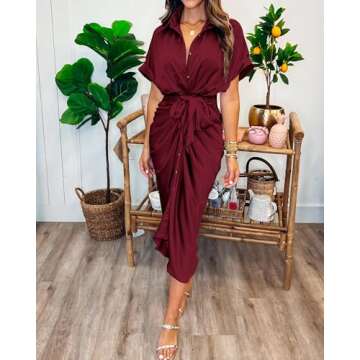 BTFBM 2025 Women Button Down Ruched Shirt Dresses Short Sleeve Lapel V Neck Elegant Party Spring Sum...