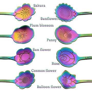 AnSaw 8 Pc Rainbow Flower Spoon Set, Stainless Steel Reusable Tea Scoops Stirring Coffee Mixing Sugar Dessert Cake Ice Cream Spoons, 4.9 Inch