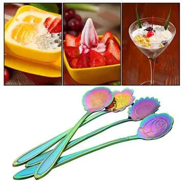 AnSaw 8 Pc Rainbow Flower Spoon Set, Stainless Steel Reusable Tea Scoops Stirring Coffee Mixing Sugar Dessert Cake Ice Cream Spoons, 4.9 Inch