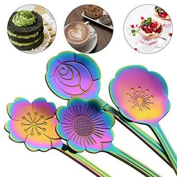 AnSaw 8 Pc Rainbow Flower Spoon Set, Stainless Steel Reusable Tea Scoops Stirring Coffee Mixing Sugar Dessert Cake Ice Cream Spoons, 4.9 Inch