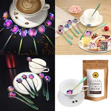AnSaw 8 Pc Rainbow Flower Spoon Set, Stainless Steel Reusable Tea Scoops Stirring Coffee Mixing Sugar Dessert Cake Ice Cream Spoons, 4.9 Inch