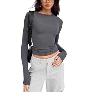 Women Y2K Long Sleeve Crew Neck Crop Top Casual Solid Color Skinny Tight Tee Tops Slim Fit Basic T-S...