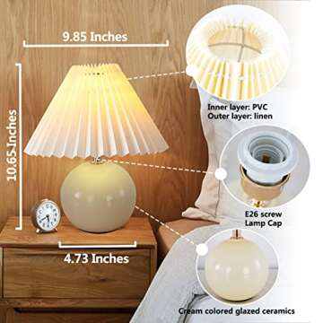 Bedside Table Lamp for Bedroom, Cute Small Pleated Lamps for Nightstand, Modern Circular Ceramic Nig...